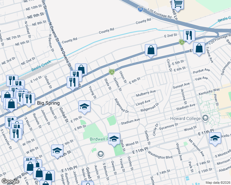 map of restaurants, bars, coffee shops, grocery stores, and more near 601-799 Settles Street in Big Spring