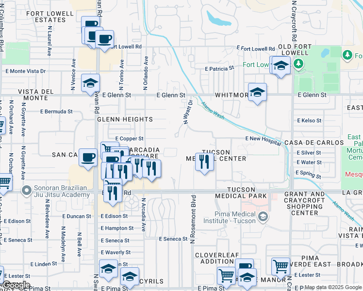 map of restaurants, bars, coffee shops, grocery stores, and more near in Tucson