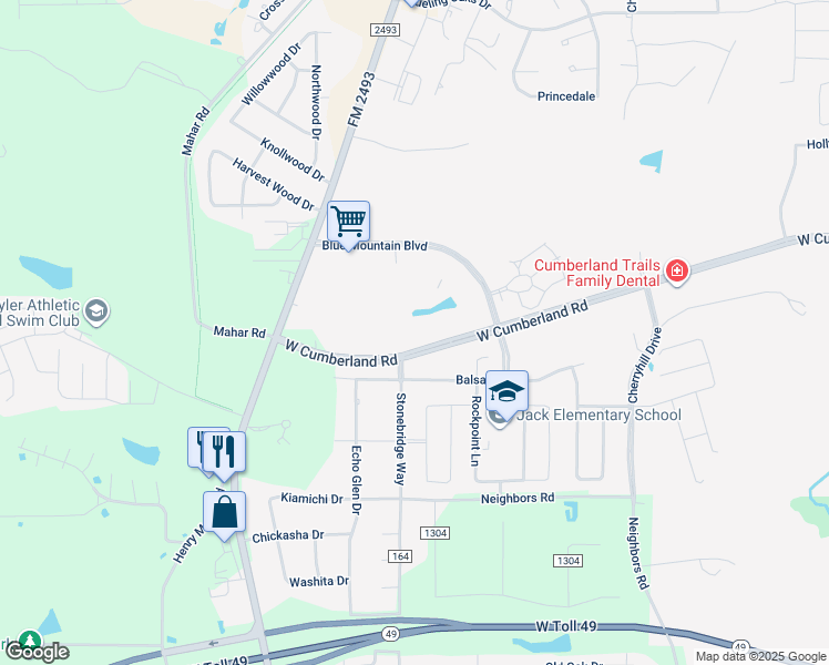 map of restaurants, bars, coffee shops, grocery stores, and more near 2051 West Cumberland Road in Tyler