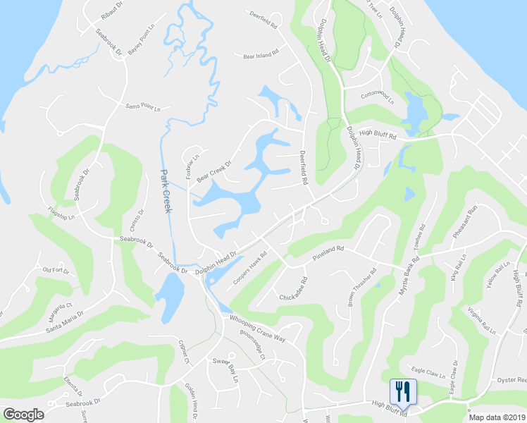 map of restaurants, bars, coffee shops, grocery stores, and more near 7 Fish Hawk Court in Hilton Head Island
