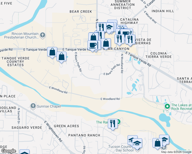 map of restaurants, bars, coffee shops, grocery stores, and more near 8951 East Bears Path Road in Tucson