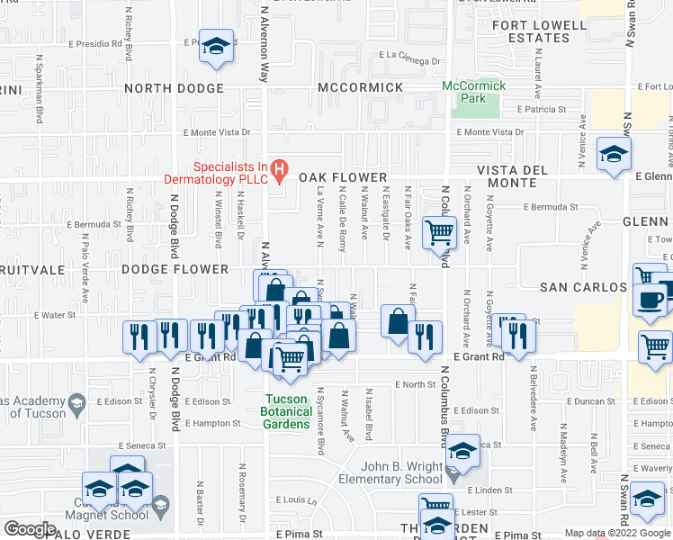 map of restaurants, bars, coffee shops, grocery stores, and more near 2602 La Verne Avenue North in Tucson