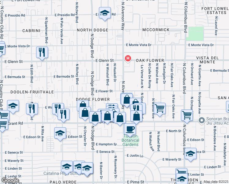 map of restaurants, bars, coffee shops, grocery stores, and more near 2613 North Haskell Drive in Tucson