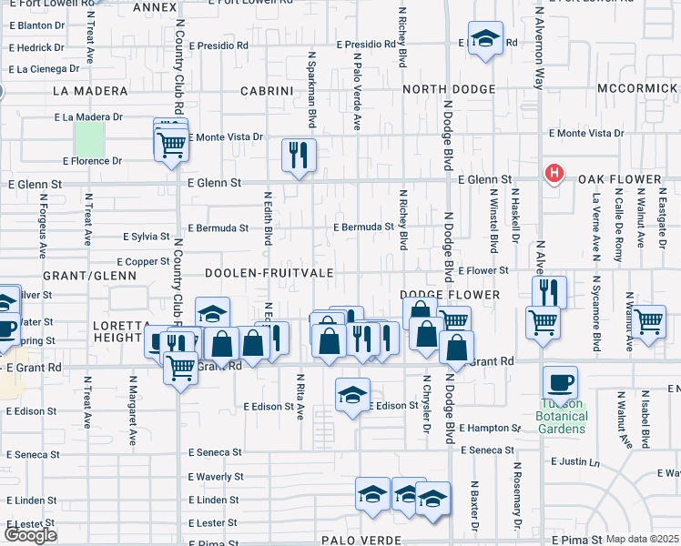 map of restaurants, bars, coffee shops, grocery stores, and more near 3447 East Flower Street in Tucson