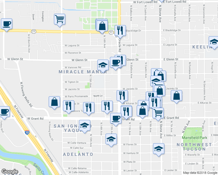 map of restaurants, bars, coffee shops, grocery stores, and more near 2620 North 14th Avenue in Tucson