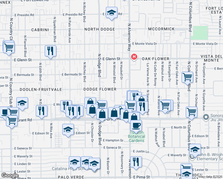 map of restaurants, bars, coffee shops, grocery stores, and more near 3782 East Flower Street in Tucson