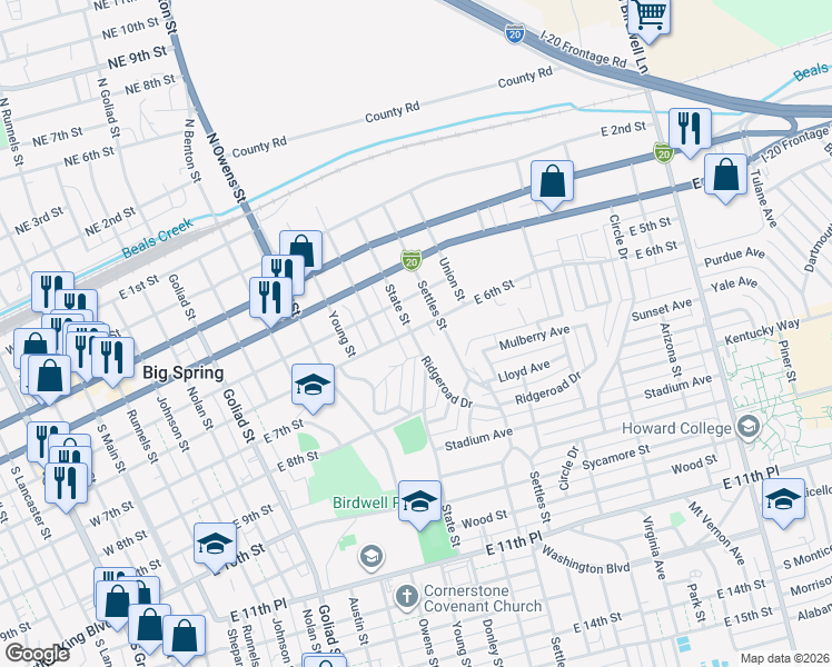 map of restaurants, bars, coffee shops, grocery stores, and more near 500-598 State Street in Big Spring
