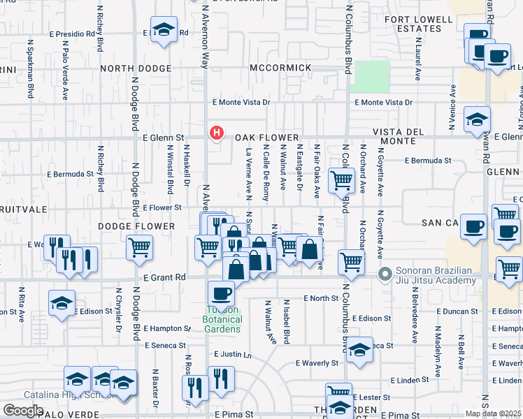 map of restaurants, bars, coffee shops, grocery stores, and more near 2602 La Verne Avenue North in Tucson