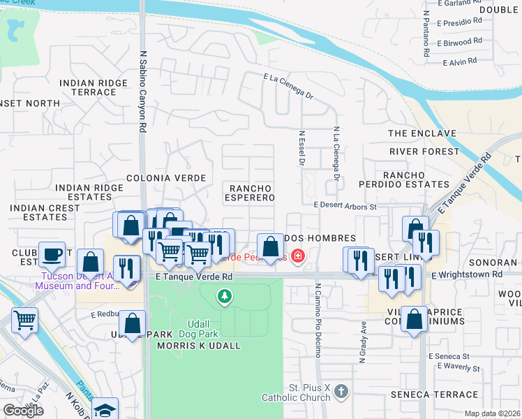 map of restaurants, bars, coffee shops, grocery stores, and more near 7445 East Placita Rio Cabo in Tucson