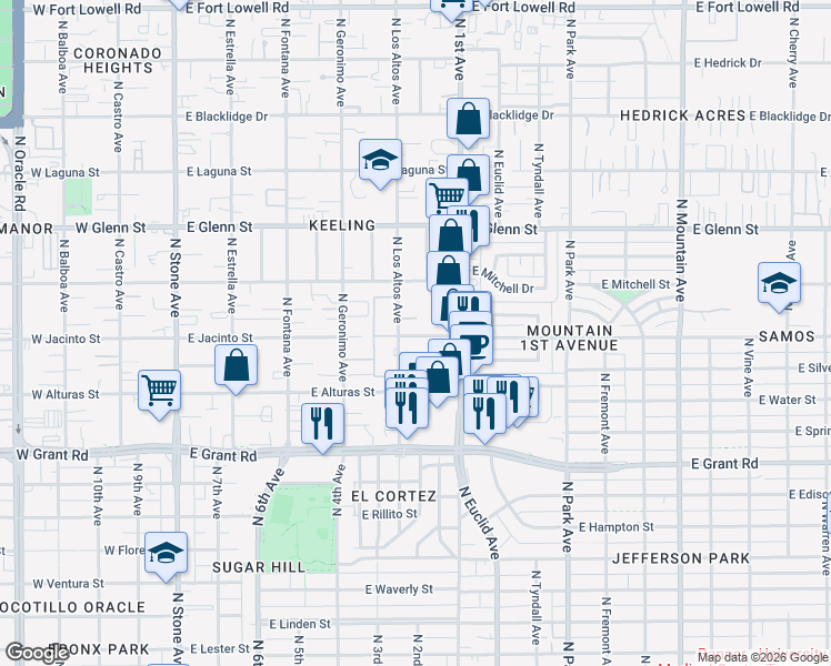 map of restaurants, bars, coffee shops, grocery stores, and more near 531 East Jacinto Street in Tucson