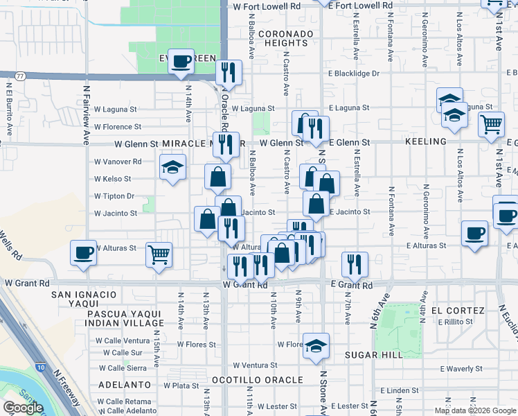 map of restaurants, bars, coffee shops, grocery stores, and more near 2614 North Balboa Avenue in Tucson