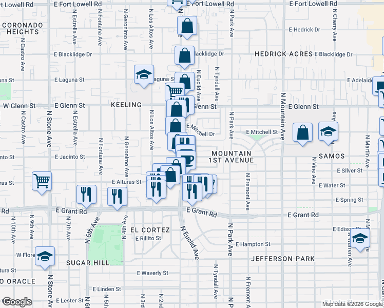 map of restaurants, bars, coffee shops, grocery stores, and more near 810 East Sequoyah Street in Tucson