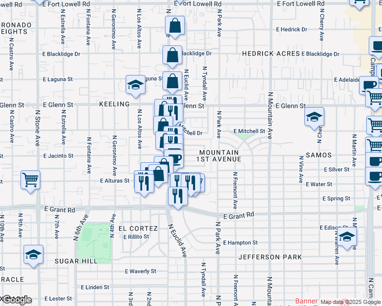 map of restaurants, bars, coffee shops, grocery stores, and more near 810 East Sequoyah Street in Tucson