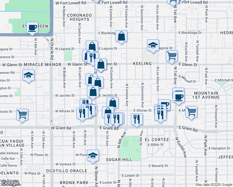 map of restaurants, bars, coffee shops, grocery stores, and more near 221 East Jacinto Street in Tucson