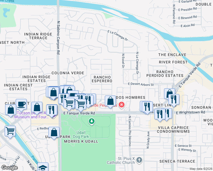 map of restaurants, bars, coffee shops, grocery stores, and more near 7445 East Placita Rio Cabo in Tucson