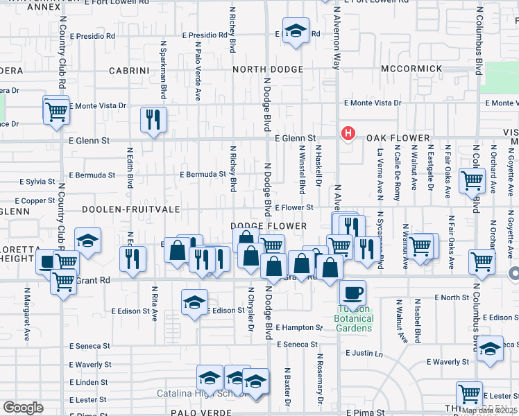 map of restaurants, bars, coffee shops, grocery stores, and more near 2605 North Dodge Boulevard in Tucson