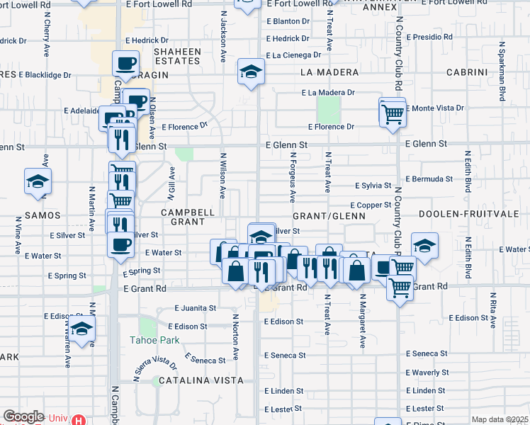 map of restaurants, bars, coffee shops, grocery stores, and more near in Tucson