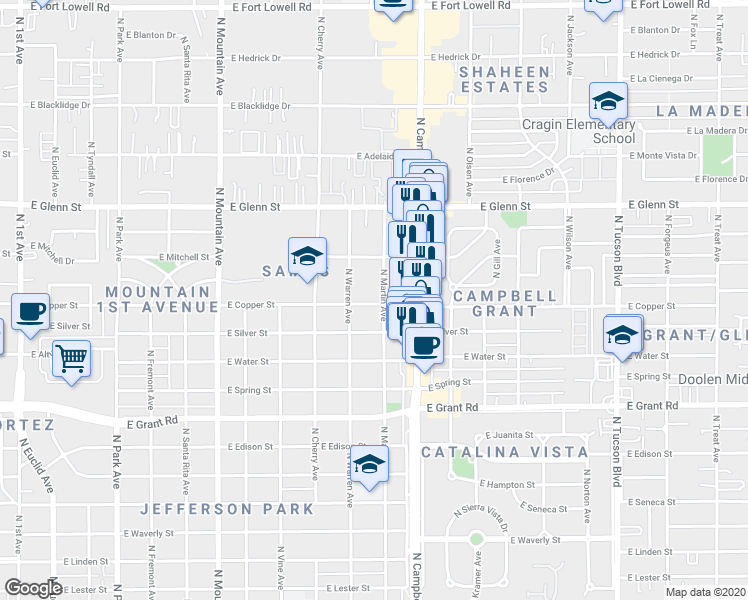 map of restaurants, bars, coffee shops, grocery stores, and more near 2607 North Martin Avenue in Tucson