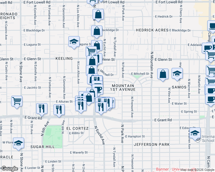 map of restaurants, bars, coffee shops, grocery stores, and more near 810 East Sequoyah Street in Tucson