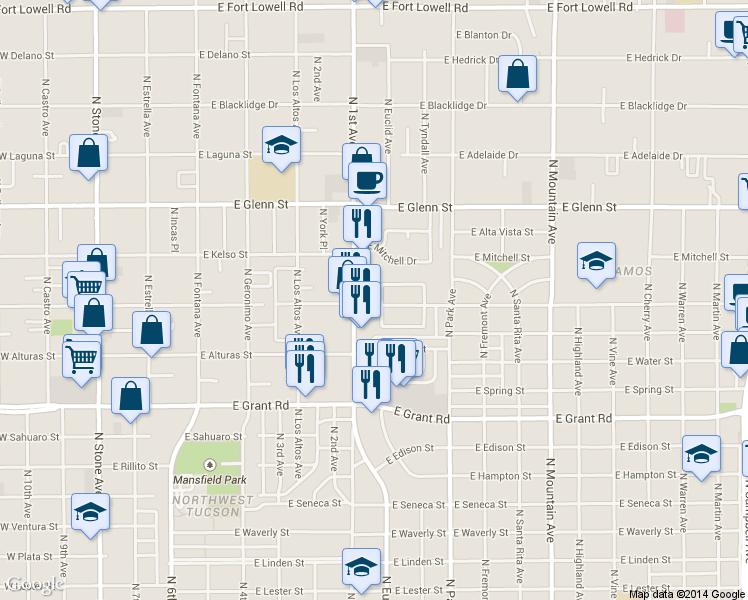map of restaurants, bars, coffee shops, grocery stores, and more near 810 East Sequoyah Street in Tucson