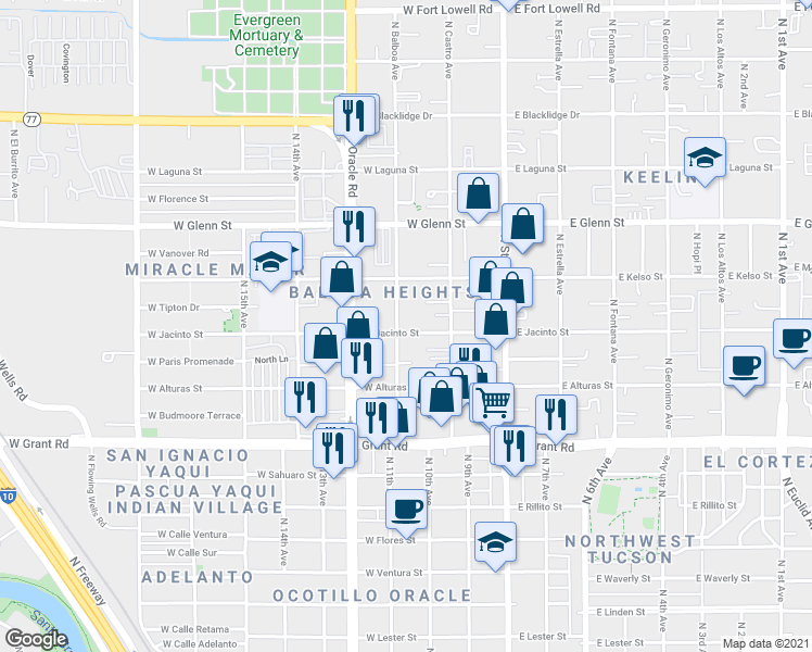map of restaurants, bars, coffee shops, grocery stores, and more near 2614 North Balboa Avenue in Tucson