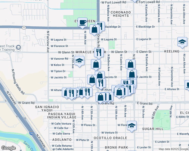 map of restaurants, bars, coffee shops, grocery stores, and more near 2620 North 14th Avenue in Tucson