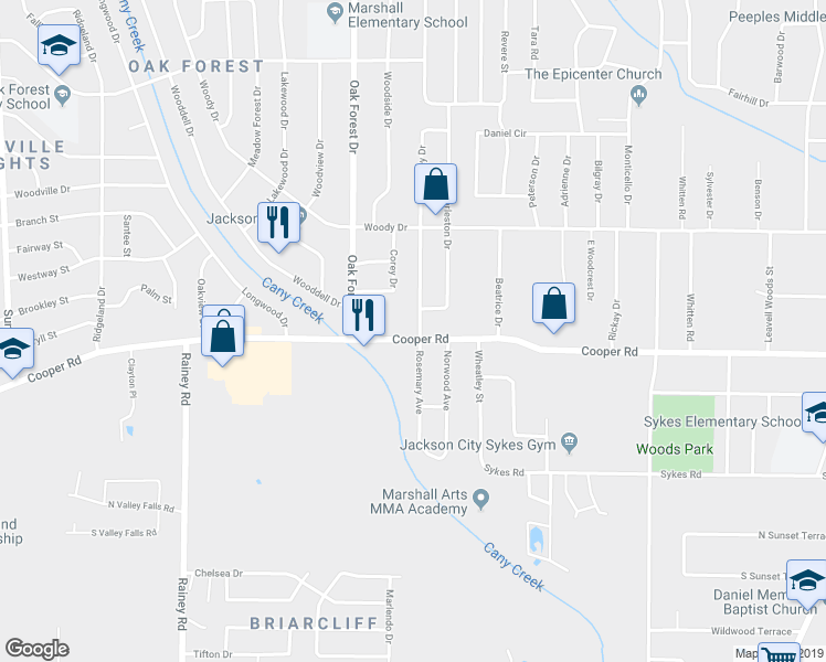 map of restaurants, bars, coffee shops, grocery stores, and more near 3353 Rosemary Avenue in Jackson