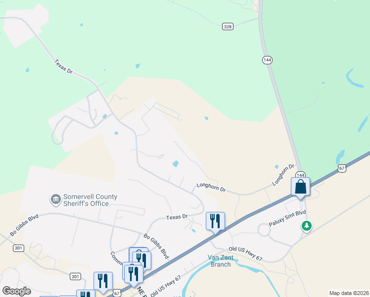 map of restaurants, bars, coffee shops, grocery stores, and more near 122 King Arthur Court in Glen Rose