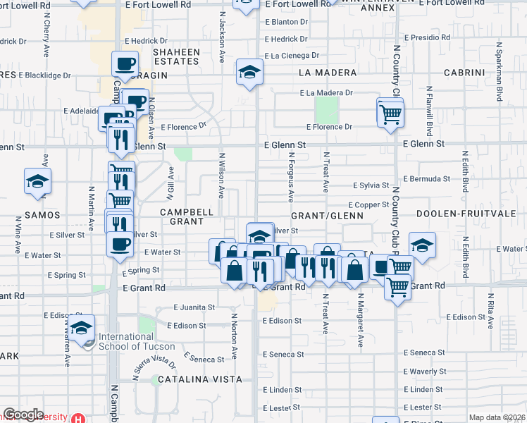 map of restaurants, bars, coffee shops, grocery stores, and more near 2602 North Tucson Boulevard in Tucson