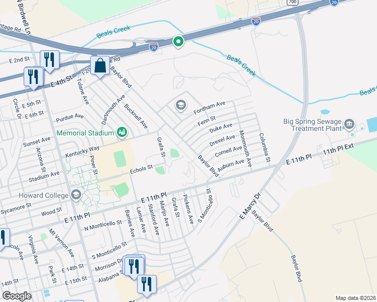 map of restaurants, bars, coffee shops, grocery stores, and more near 854 Baylor Boulevard in Big Spring