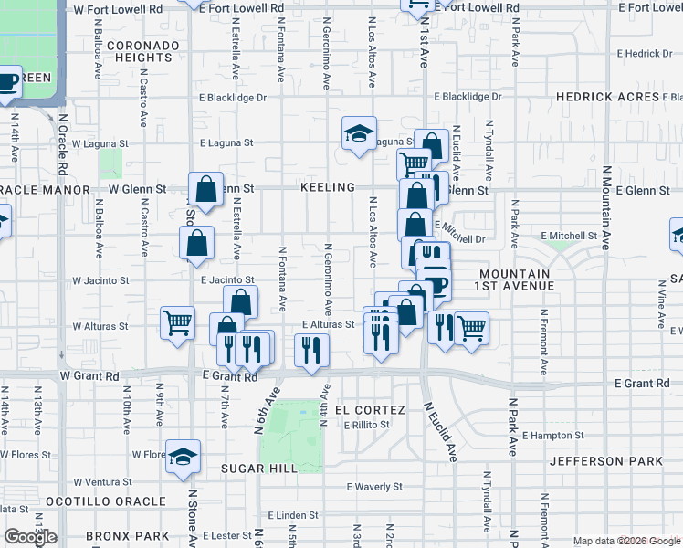 map of restaurants, bars, coffee shops, grocery stores, and more near 2615 North Geronimo Avenue in Tucson