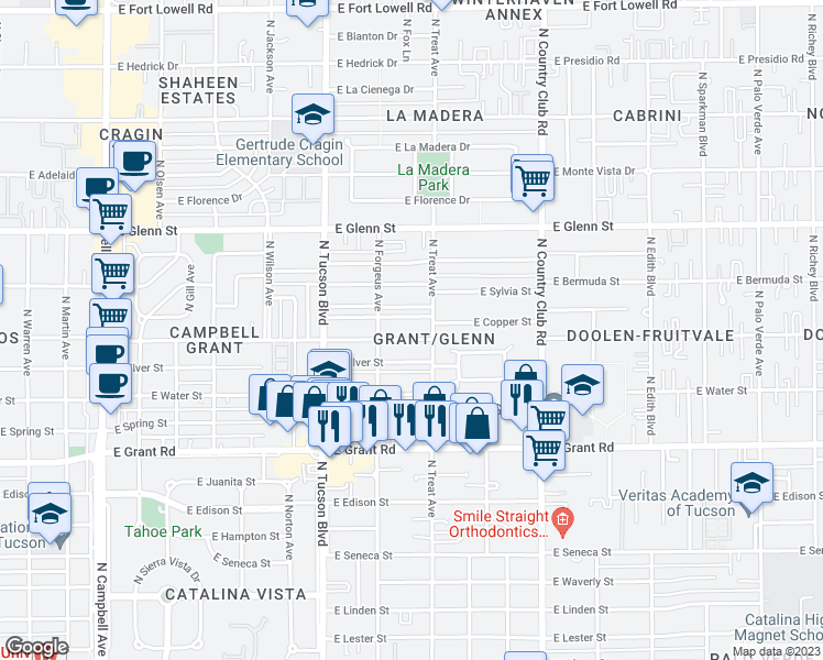 map of restaurants, bars, coffee shops, grocery stores, and more near 2703 East Copper Street in Tucson