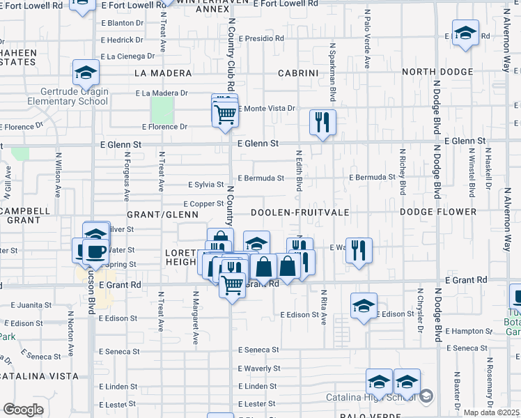 map of restaurants, bars, coffee shops, grocery stores, and more near 2609 North Flanwill Boulevard in Tucson