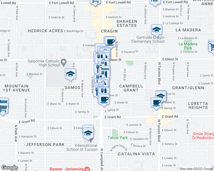 map of restaurants, bars, coffee shops, grocery stores, and more near 1923 East Copper Street in Tucson