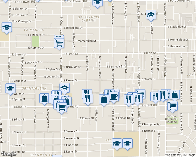 map of restaurants, bars, coffee shops, grocery stores, and more near 2613 North Sparkman Boulevard in Tucson