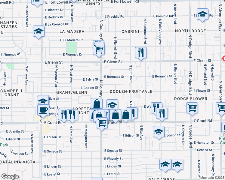 map of restaurants, bars, coffee shops, grocery stores, and more near 2609 North Flanwill Boulevard in Tucson