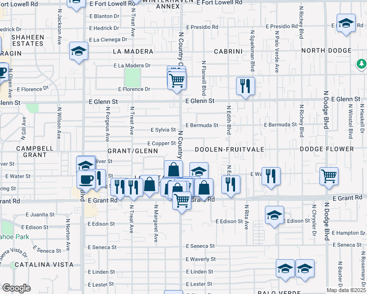 map of restaurants, bars, coffee shops, grocery stores, and more near 2612 North Country Club Road in Tucson
