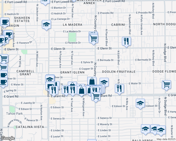 map of restaurants, bars, coffee shops, grocery stores, and more near 2934 East Copper Street in Tucson