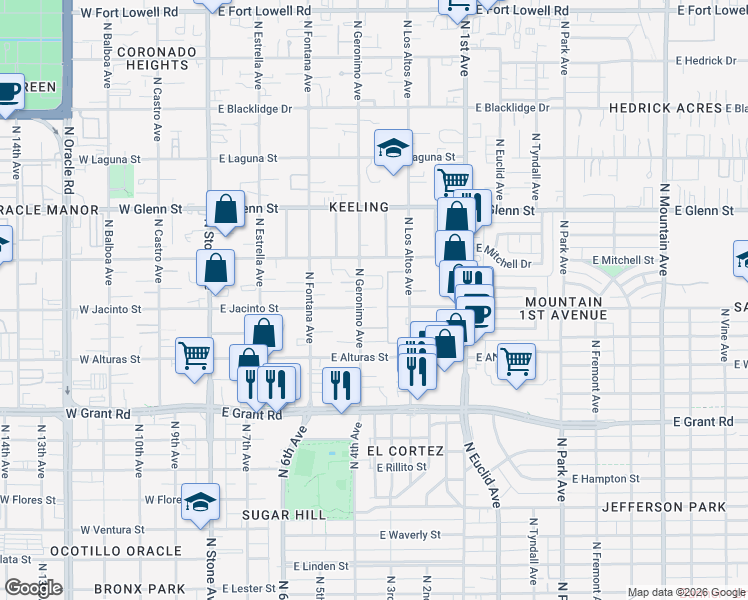 map of restaurants, bars, coffee shops, grocery stores, and more near 2615 North Geronimo Avenue in Tucson