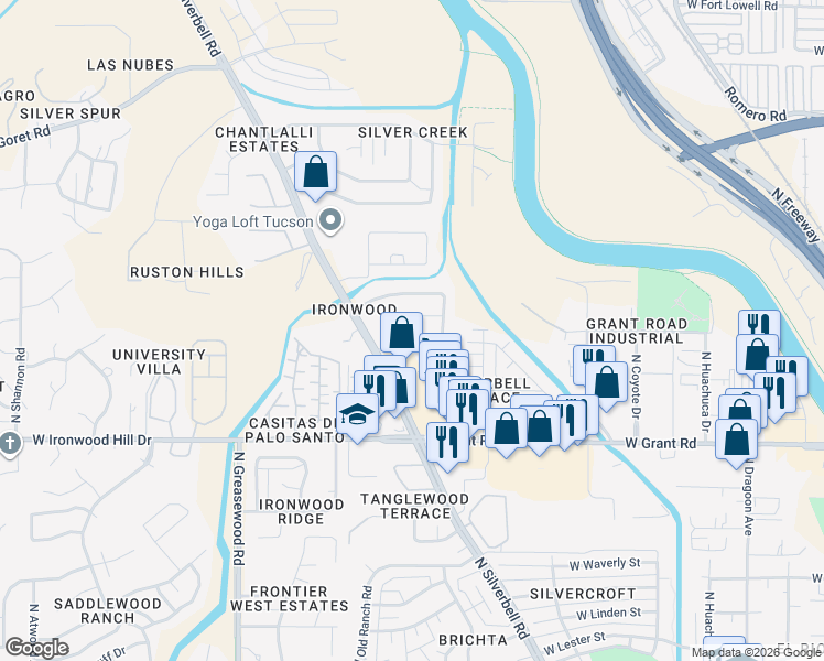 map of restaurants, bars, coffee shops, grocery stores, and more near 2181 West Roundwood Place in Tucson