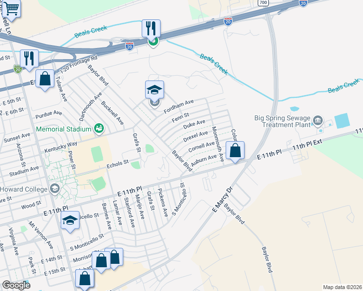 map of restaurants, bars, coffee shops, grocery stores, and more near 3120-3298 Drexel Avenue in Big Spring