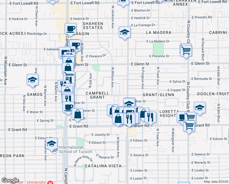 map of restaurants, bars, coffee shops, grocery stores, and more near 2614 North Wilson Avenue in Tucson