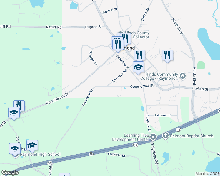 map of restaurants, bars, coffee shops, grocery stores, and more near 330 Coopers Well Street in Raymond