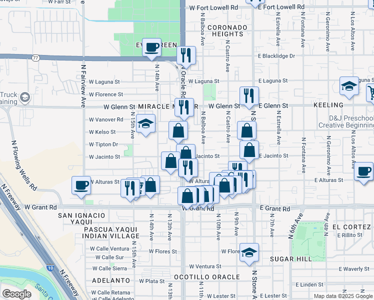 map of restaurants, bars, coffee shops, grocery stores, and more near 20 North Oracle Road in Tucson