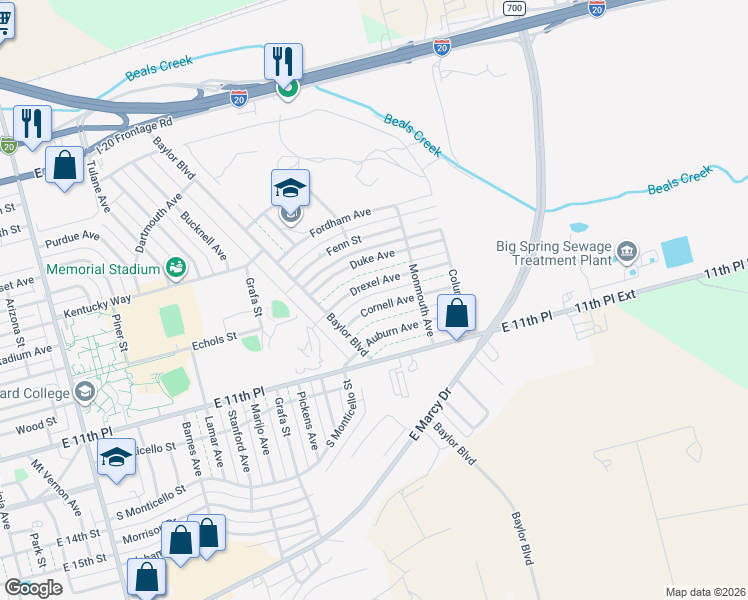 map of restaurants, bars, coffee shops, grocery stores, and more near 3217 Cornell Avenue in Big Spring