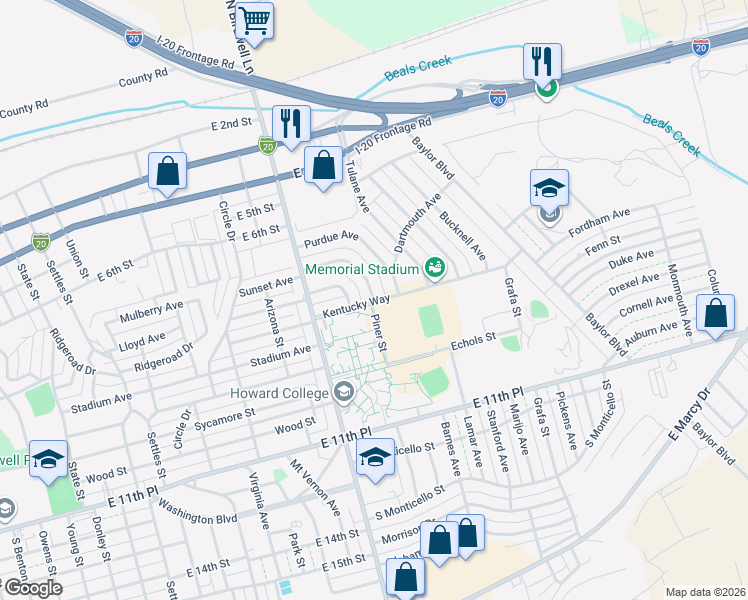 map of restaurants, bars, coffee shops, grocery stores, and more near 1799 Yale Avenue in Big Spring