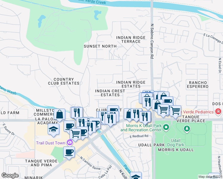 map of restaurants, bars, coffee shops, grocery stores, and more near 6821 East Nasumpta Drive in Tucson