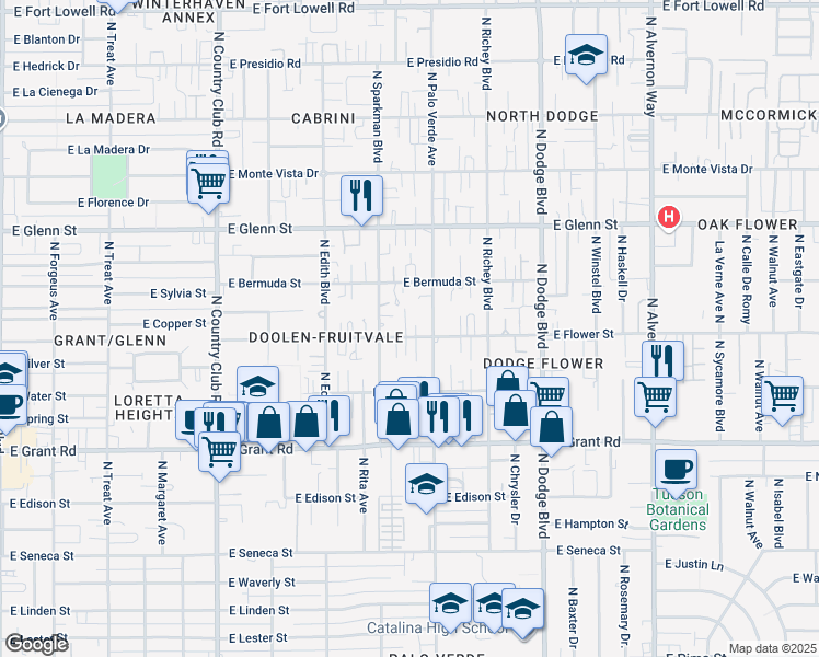 map of restaurants, bars, coffee shops, grocery stores, and more near 3447 East Flower Street in Tucson