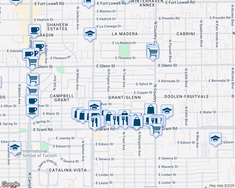 map of restaurants, bars, coffee shops, grocery stores, and more near 2610 East Sequoyah in Tucson