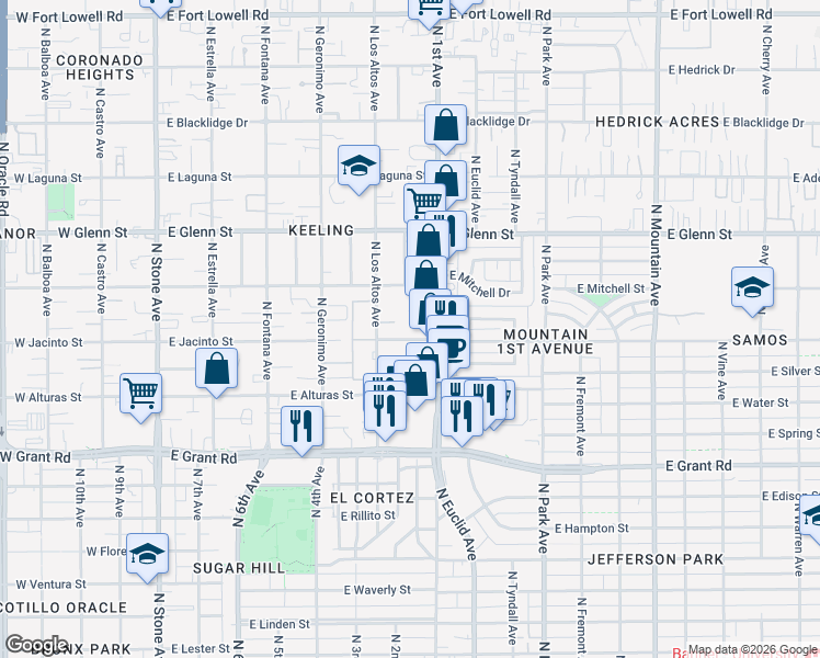 map of restaurants, bars, coffee shops, grocery stores, and more near 547 East Jacinto Street in Tucson